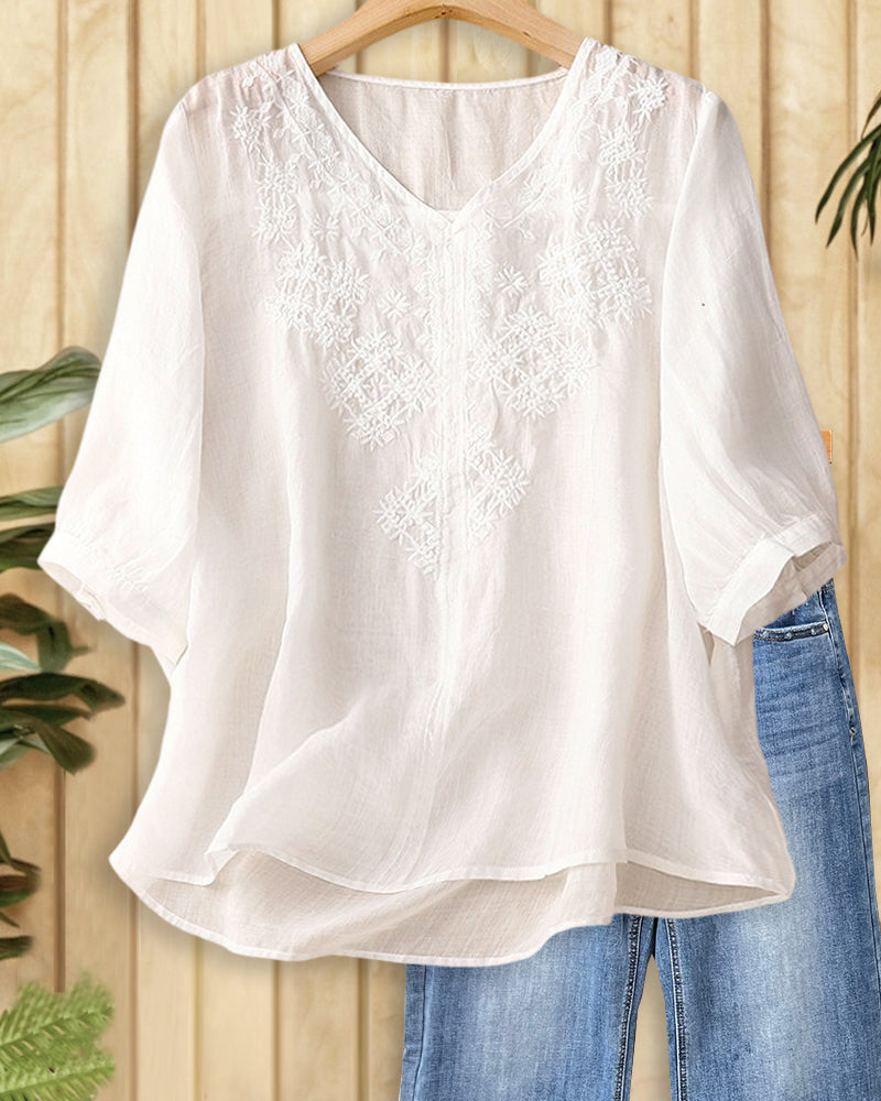 Solid Color Floral Embroidery V Neck Laid Back Blouse