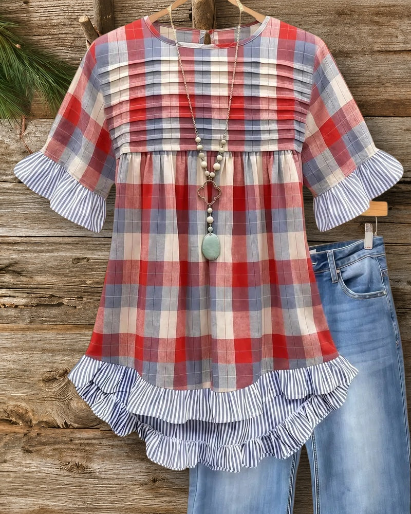 Plaid Preppy Round Neck Ruffle Sleeve Babydoll Blouse