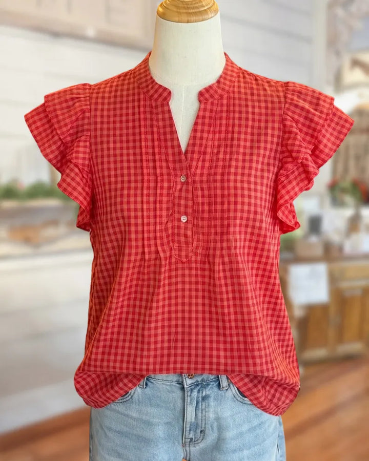 Plaid Ruffle Sleeve V Neck Half Placket Casual Lightweight Blouse