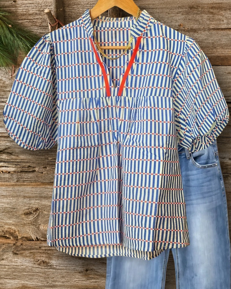 Mixed Print Puff Sleeve V Neck On-trend Blouse