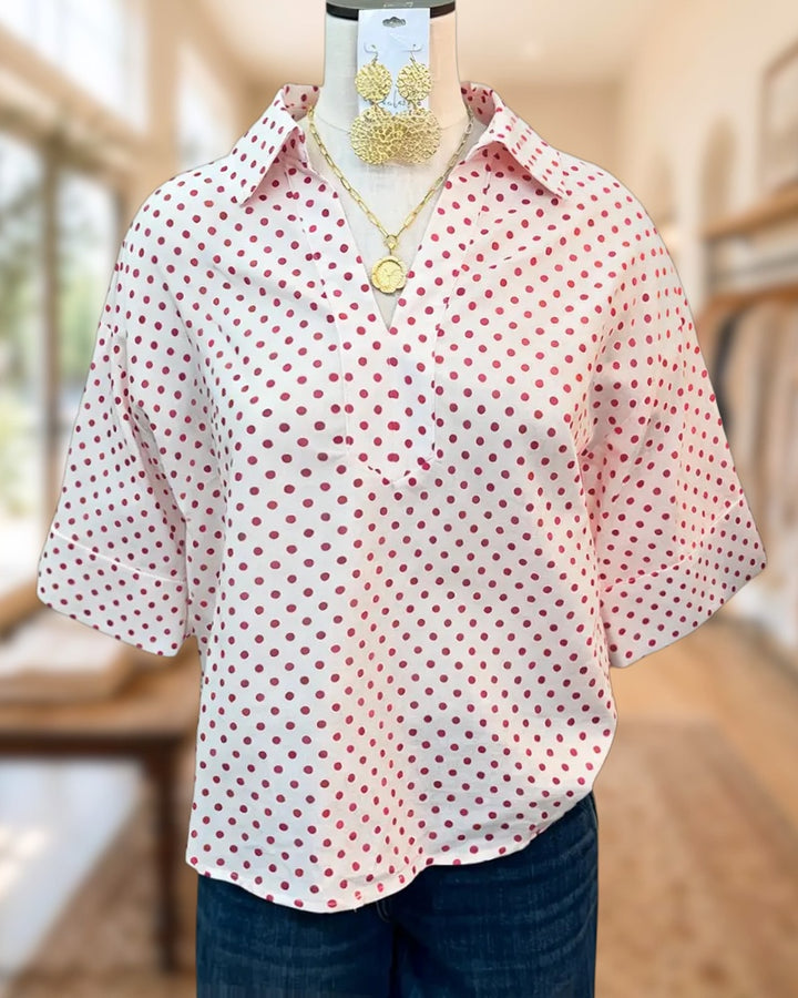 Polka Dot Collared 3/4 Sleeve Half Placket Loose Blouse