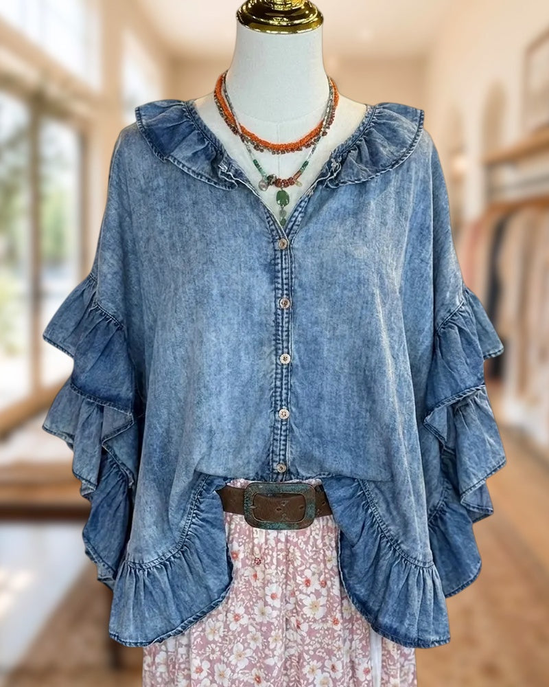 Ruffled Collar Tiered Sleeve Button Front Ruffled Hem Blouse
