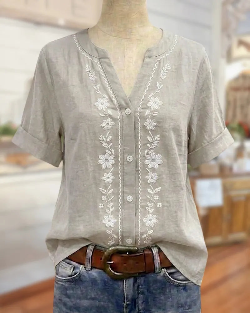 V Neck Floral Embroidered Short Sleeve Button Front Blouse