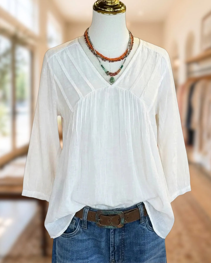 V Neck Pleated Gathered 3/4 Sleeve Loose Casual Blouse