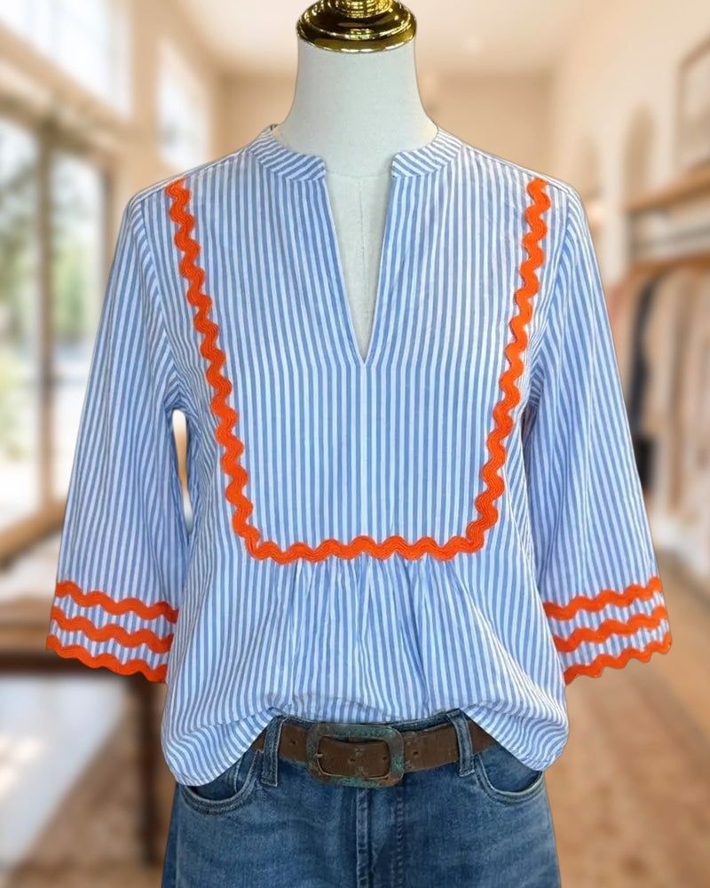 Striped Ric Rac Trim 3/4 Sleeve V Neck Blouse