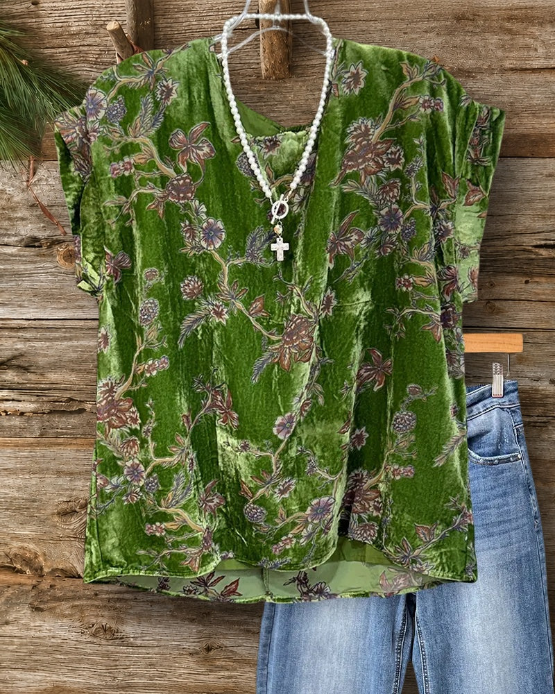 Floral Print Velvet Short Sleeve High Low Hem Blouse