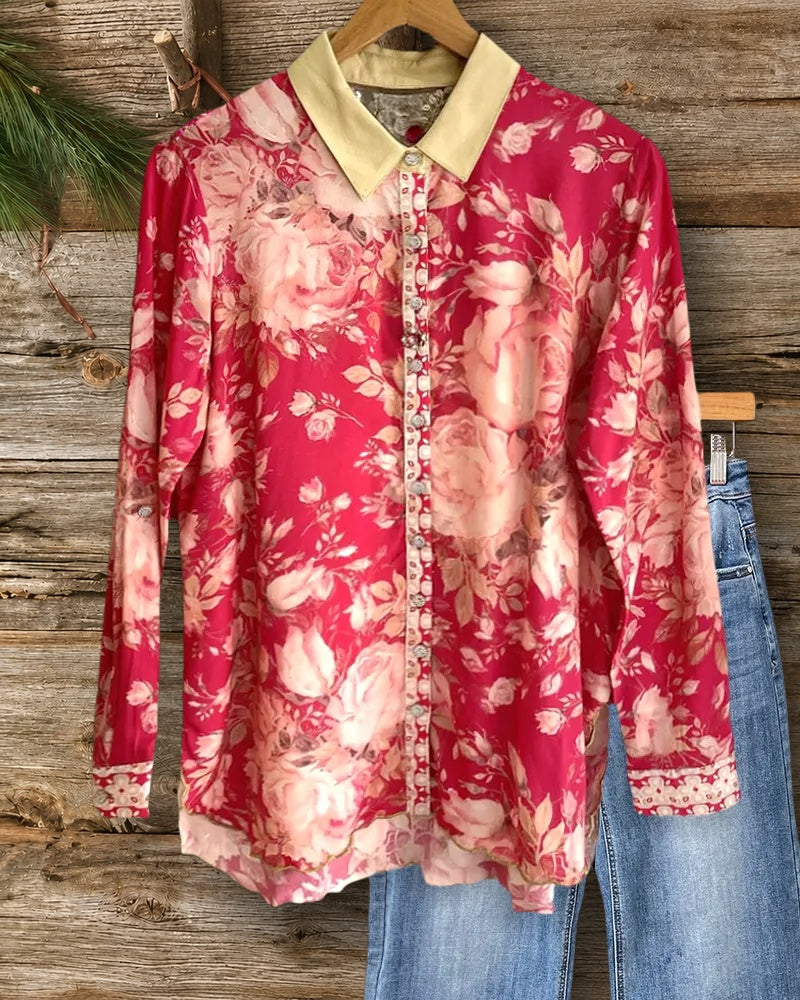 Floral Print Pastoral Button Down Blouse