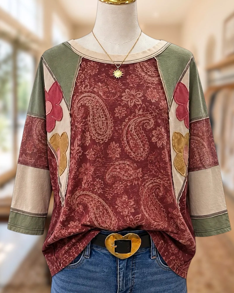 Paisley Print Patchwork Floral Applique 3/4 Sleeve Casual Top