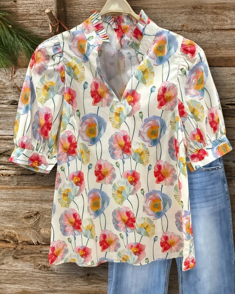 Floral Print Elegant V Neck Puff Sleeve Blouse