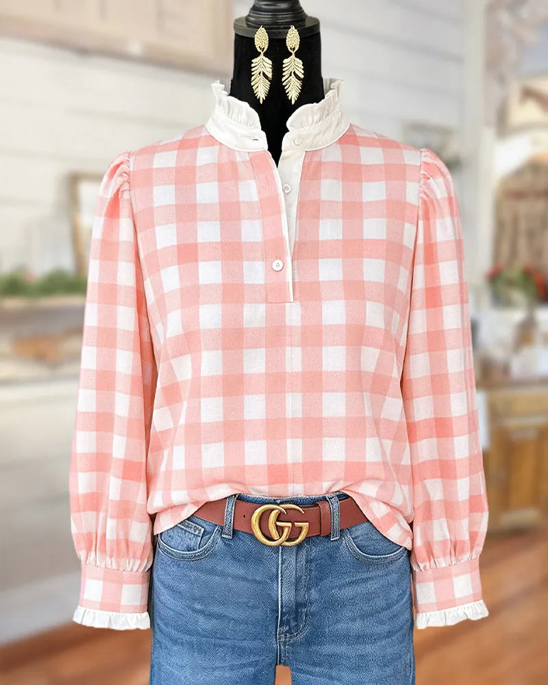 Puff Sleeve Ruffled Collar Plaid Print Girly Blouse