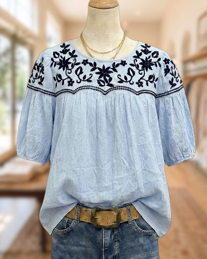 Floral Embroidered Puff Sleeve Round Neck Casual Blouse