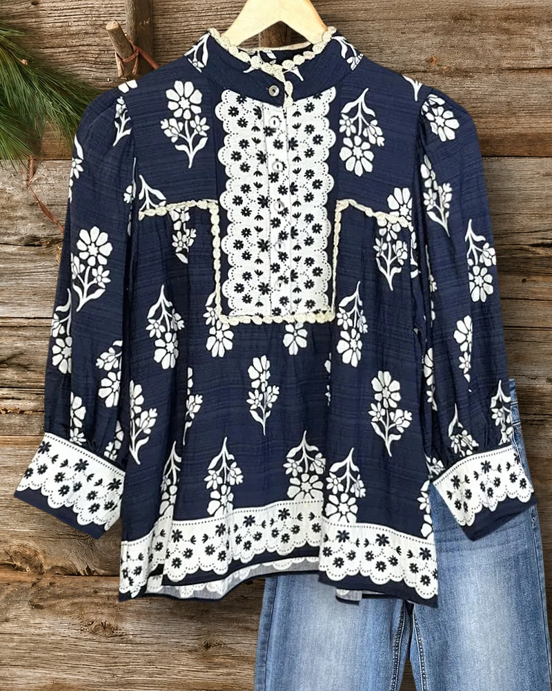 Floral Print Lace Trim Stand Collar Pocket Detail Casual Blouse