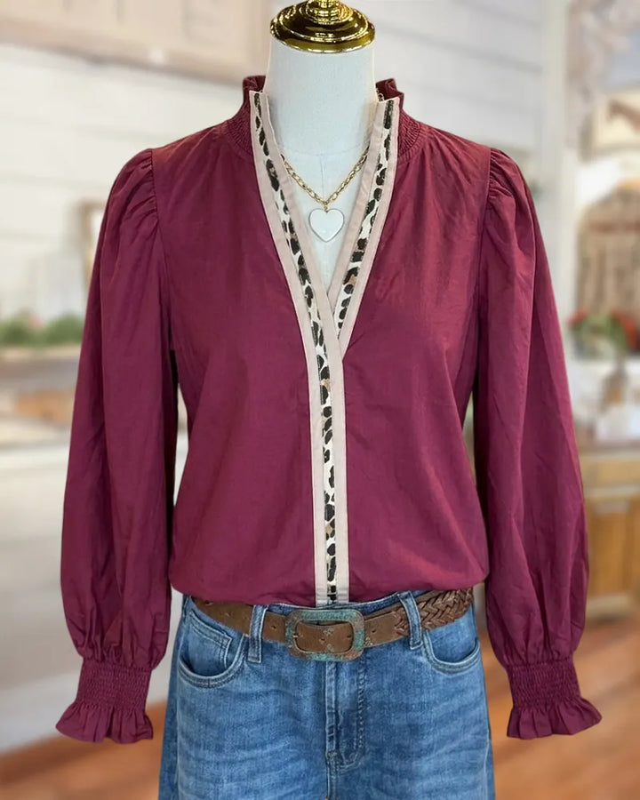 Leopard Trim V Neck Puff Sleeve Ruffle Cuff Blouse
