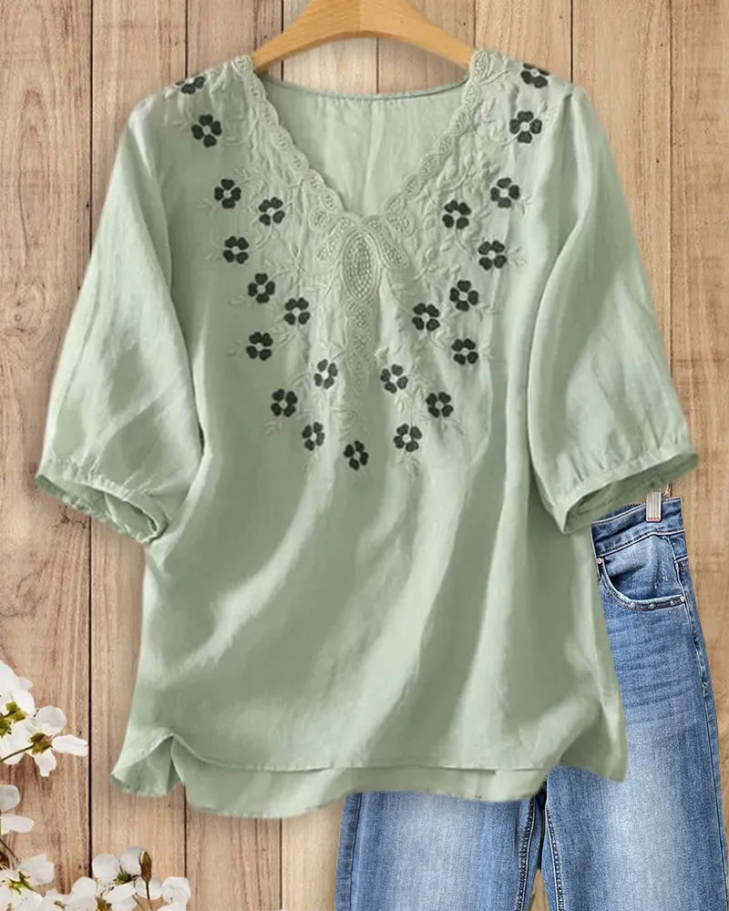 V Neck Floral Embroidered Half Sleeve High Low Hem Blouse
