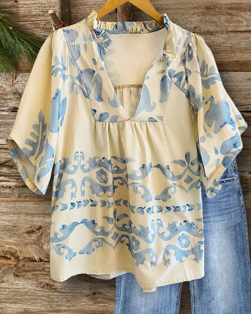 Floral Print Ethnic V Neck Blouse