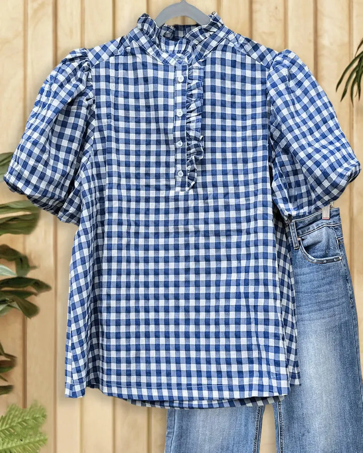 Gingham Feminine Puff Sleeve Button Front Blouse