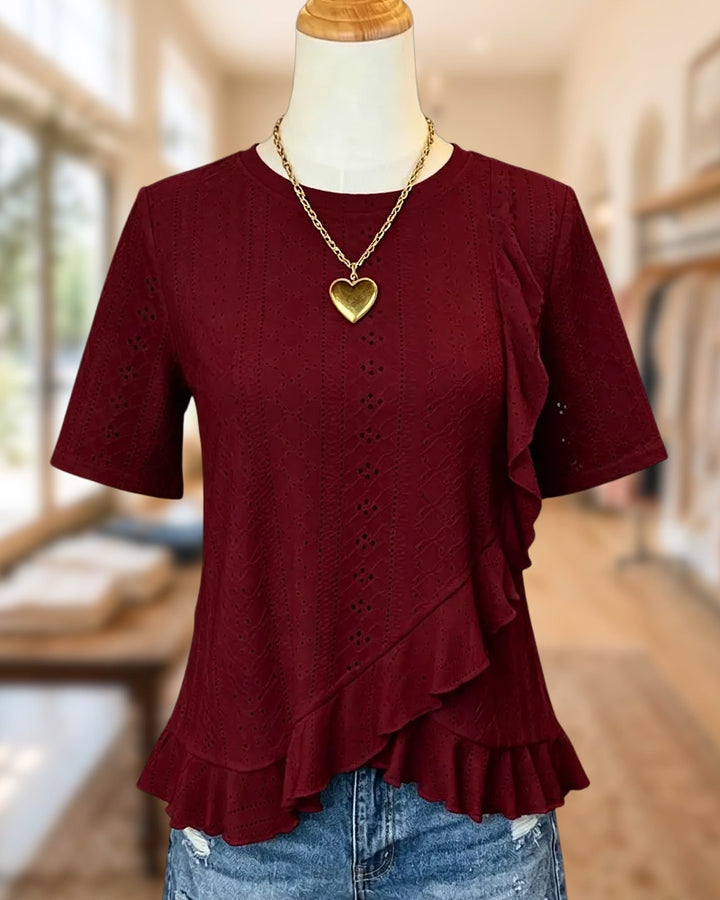 Eyelet Ruffled Trim Short Sleeve Round Neck Casual Blouse