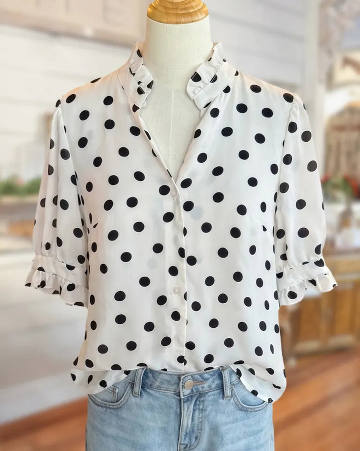 Polka Dot Ruffle Trim Puff Sleeve Button Front Blouse