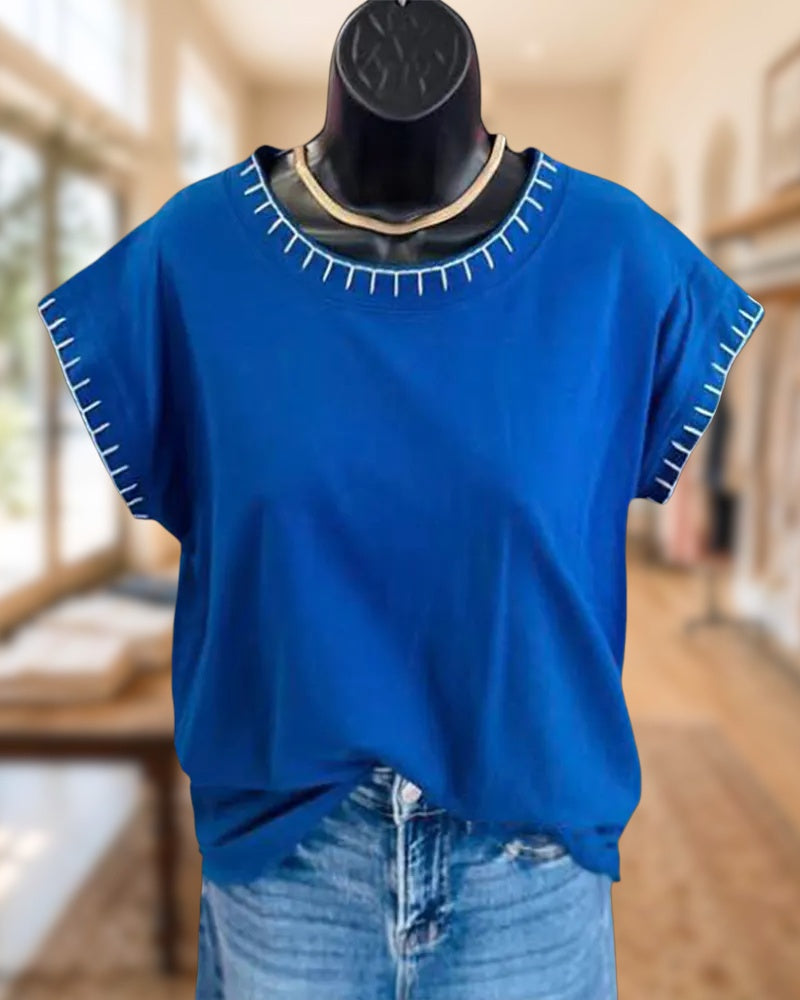 Contrast Stitch Trim Round Neck Short Sleeve Loose Casual Top