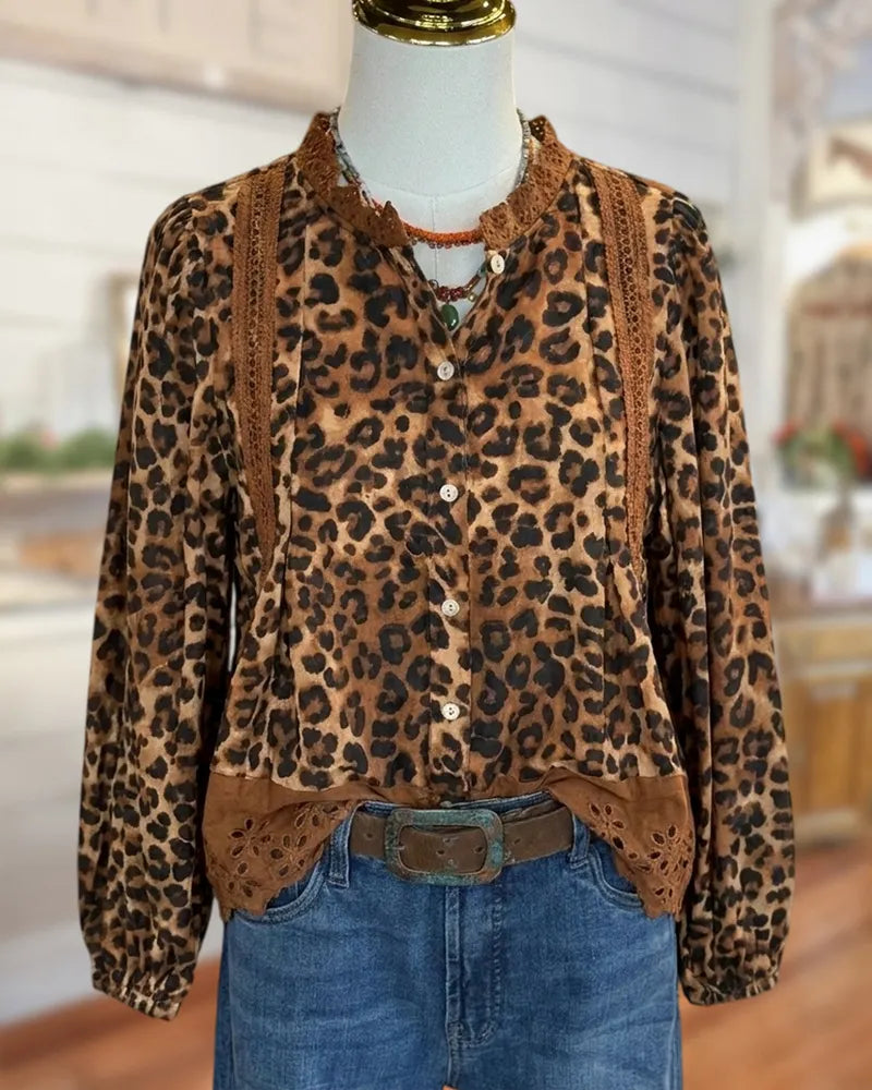 Leopard Print Lace Trim Button Front Long Sleeve Blouse