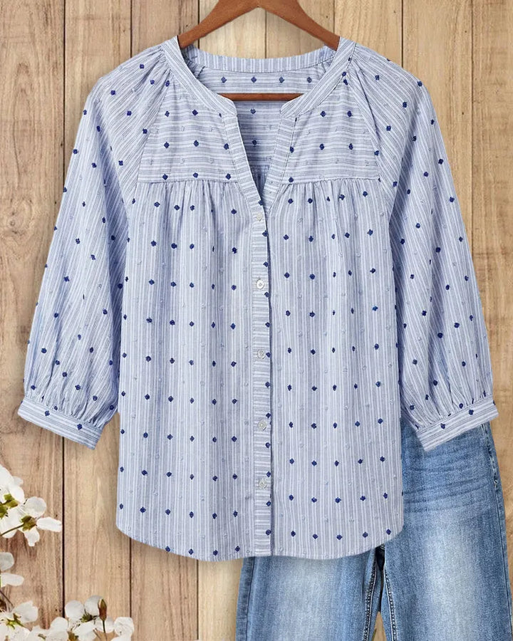 Embroidered Dot Striped V Neck Button Front 3/4 Sleeve Blouse