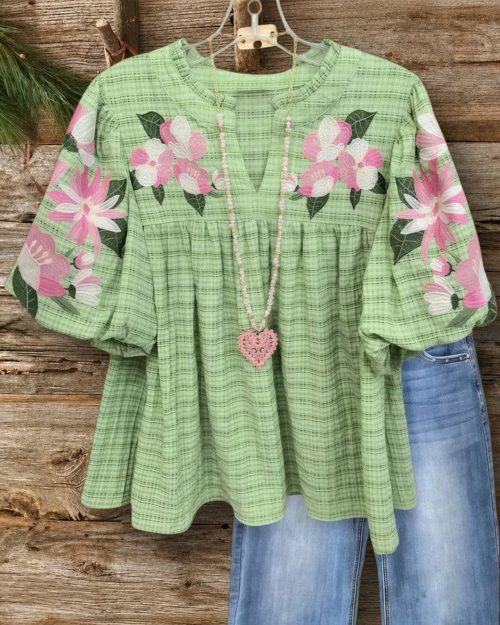 Floral Embroidery & Plaid Puff Sleeve Stylish Babydoll Blouse