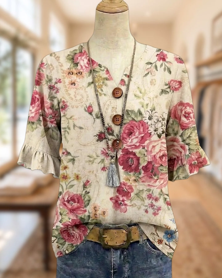 Floral Print Button Decor V Neck Ruffle Sleeve Casual Blouse