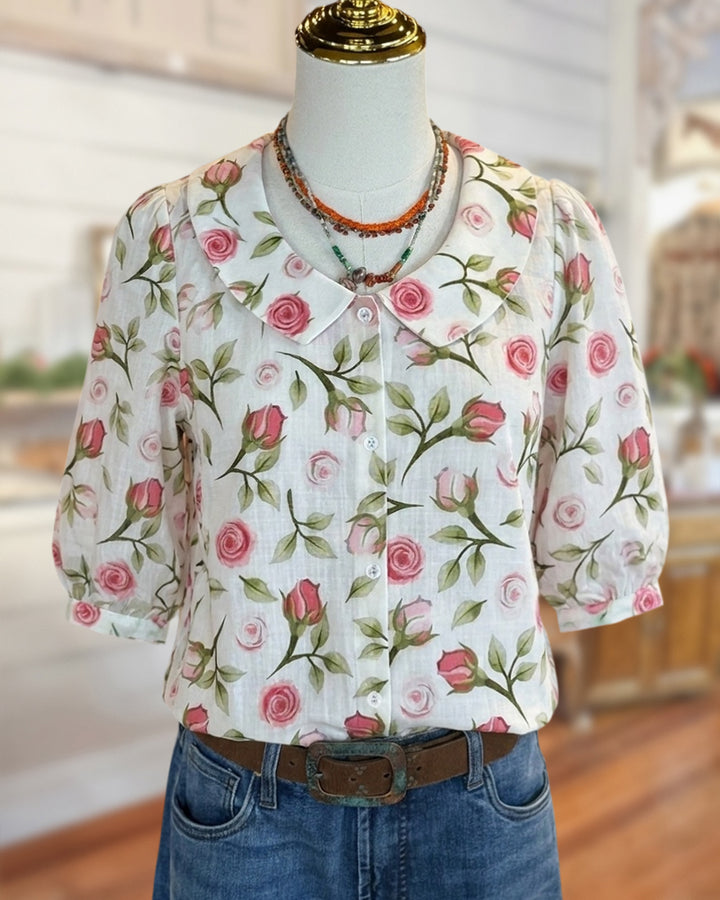 Peter Pan Collar Puff Sleeve Floral Button Front Blouse