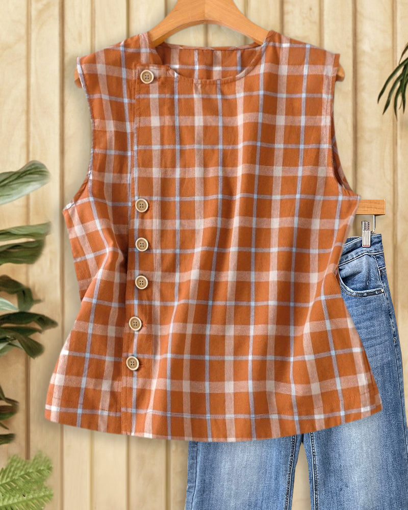Plaid Classic Button Front Sleeveless Blouse