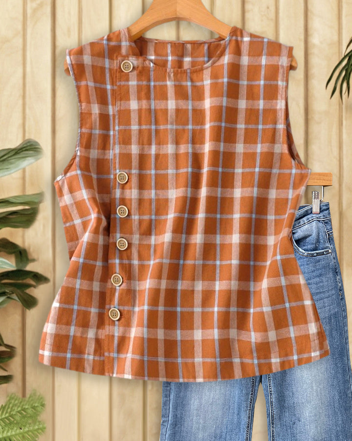 Plaid Classic Button Front Sleeveless Blouse