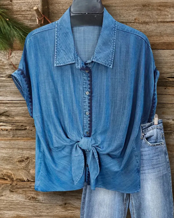 Button Down Collared Short Sleeve Front Tie Scallop Trim Shirt
