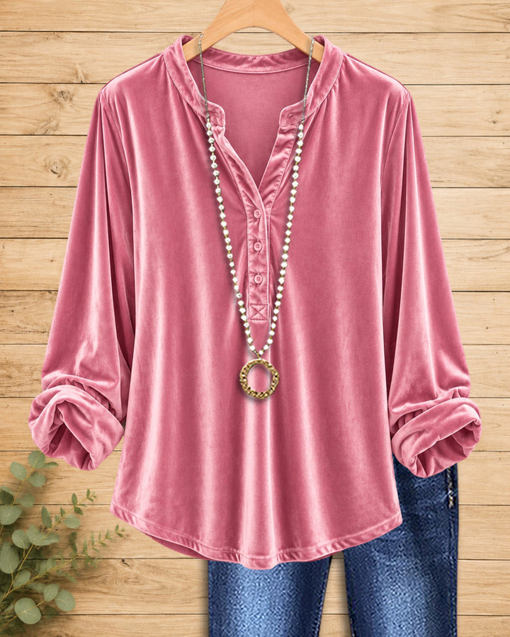 Velvet Half Button Placket Roll Sleeve Loose Casual Blouse
