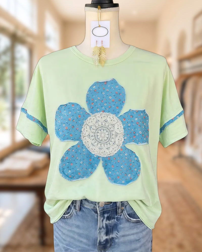 Floral Applique Casual Round Neck Shirt