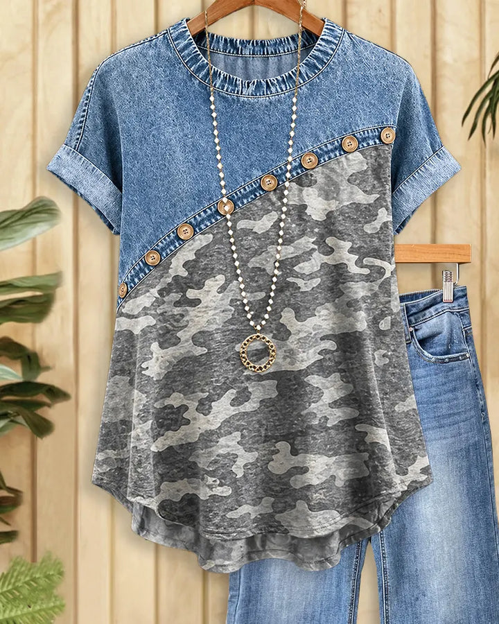 Camo Contrast Button Decor Rolled Sleeve Crew Neck T-shirt