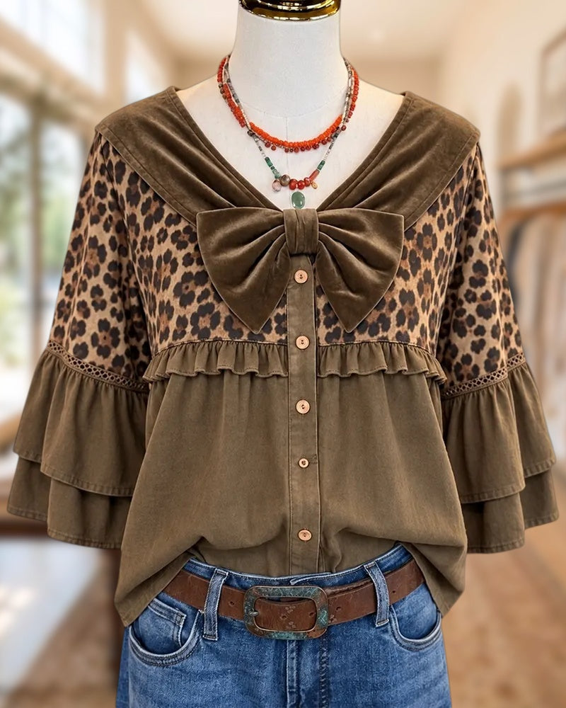 Leopard Print Bow Front Tiered Ruffled Flare Sleeve Blouse