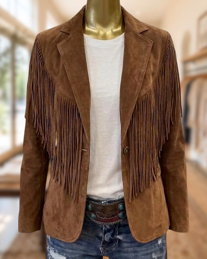 Fringe Decor Notched Lapel Suede Single Breasted Jacket