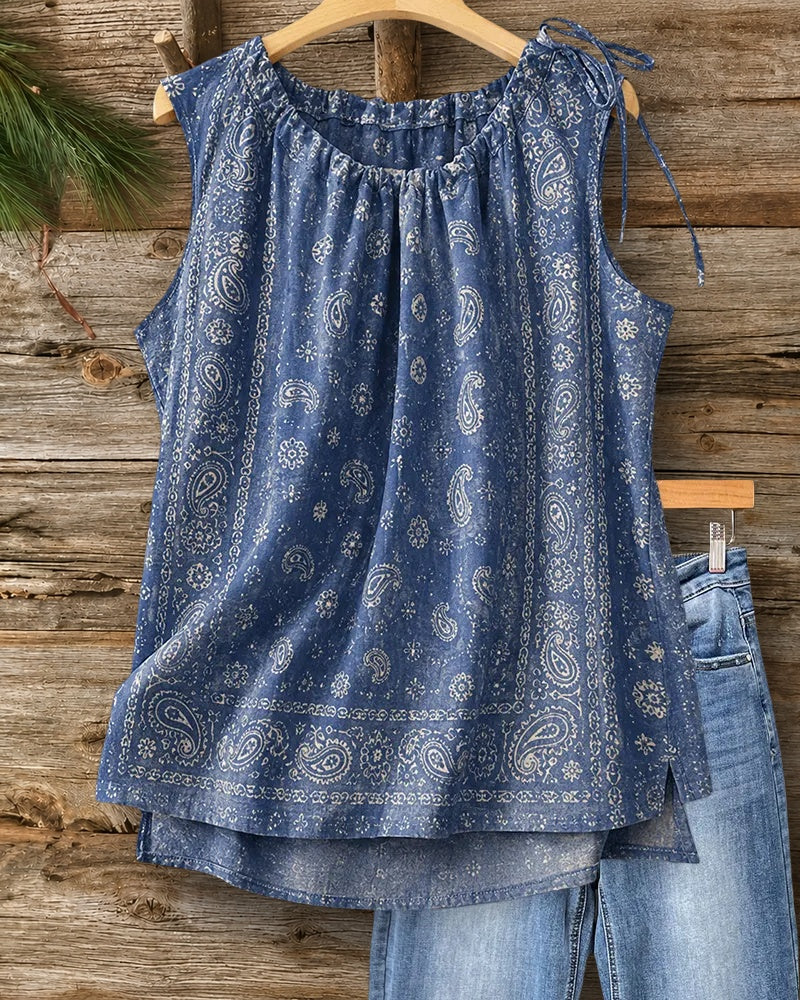 Paisley Print O Neck Tie Detail Sleeveless Tank Top