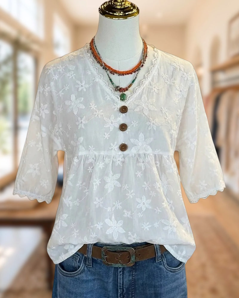 V Neck Lace Trim Button Front Embroidered Half Sleeve Blouse