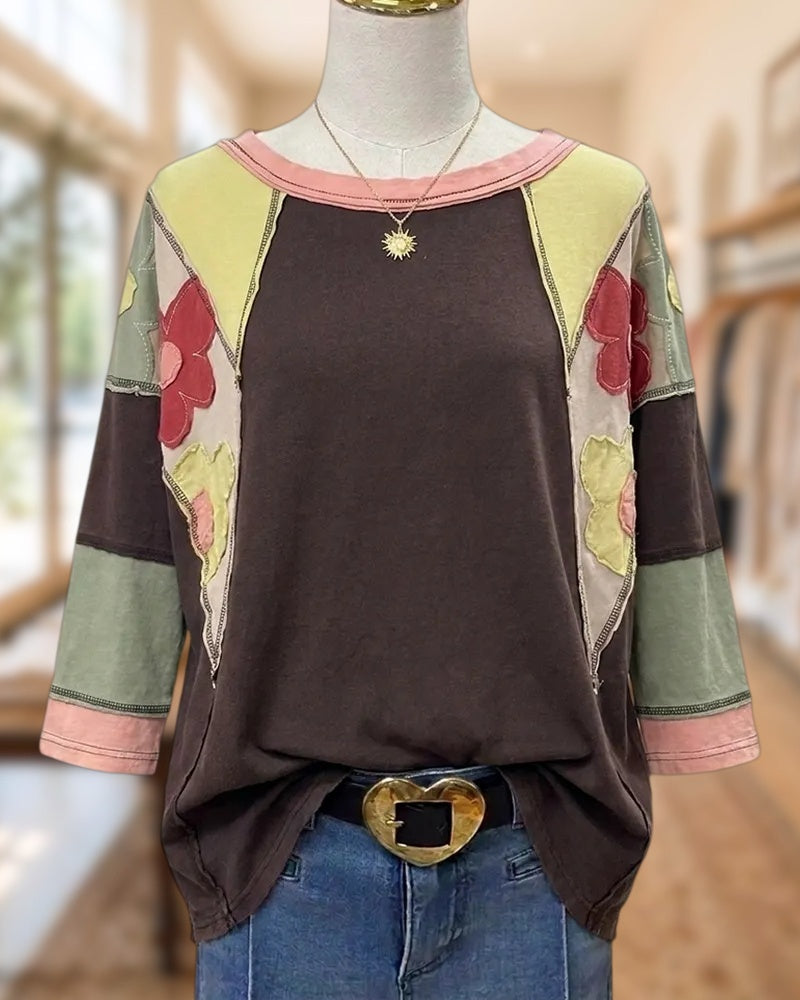Patchwork Floral Applique Exposed Stitching 3/4 Sleeve Sweatshirt