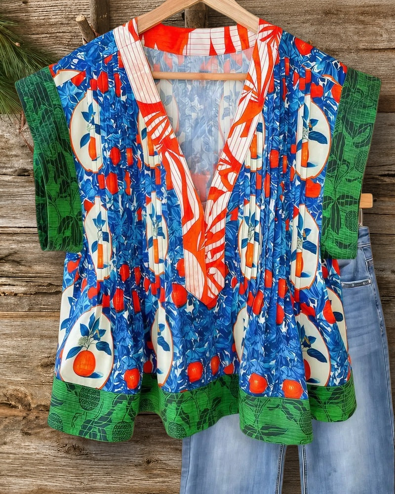 Fruity Mixed Print Patchwork Retro V Neck Pleated T-Shirt