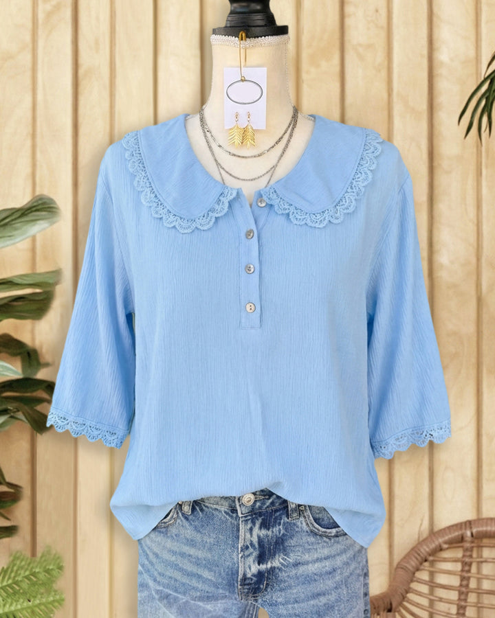Solid Color Lace Trim Cute Peter Pan Collar Blouse