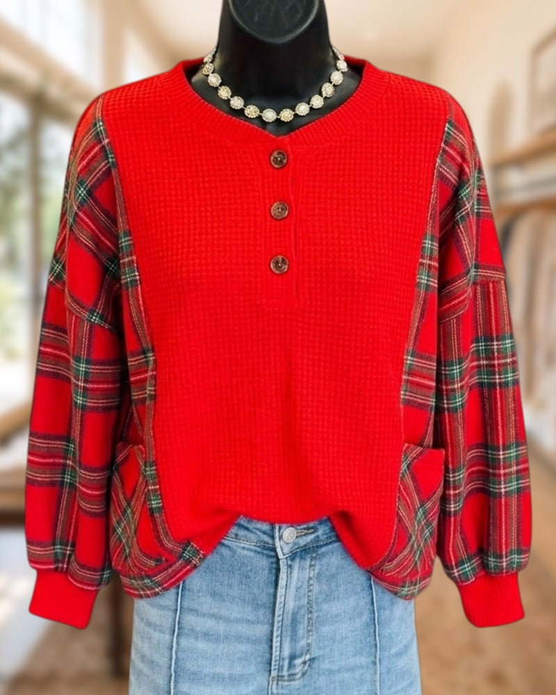 Plaid Contrast Panel Button Front Long Sleeve Pocket Top