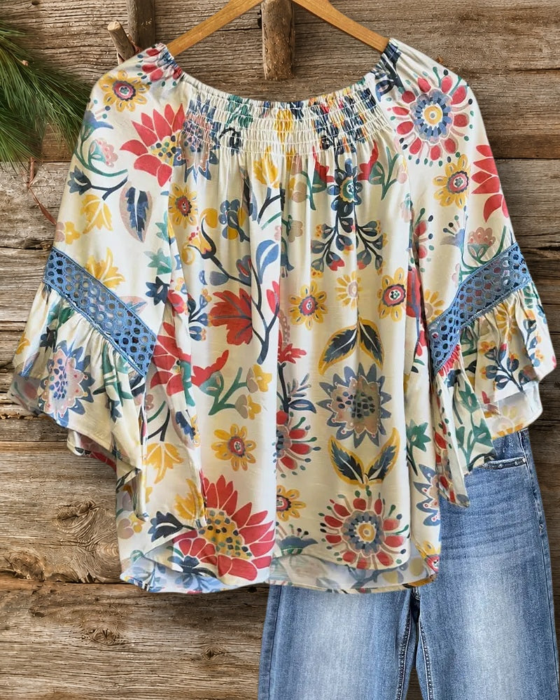Floral Print Scoop Neck Lace Insert Flare Sleeve Blouse