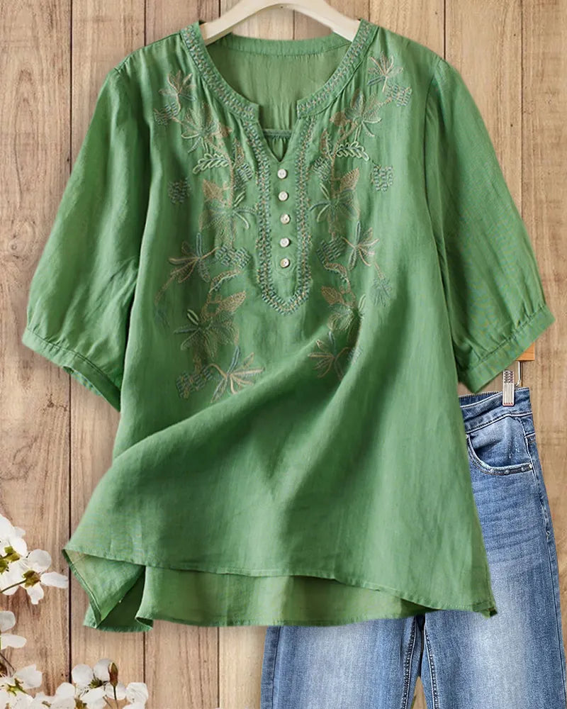 Floral Embroidered V Neck Half Sleeve Loose Casual Blouse