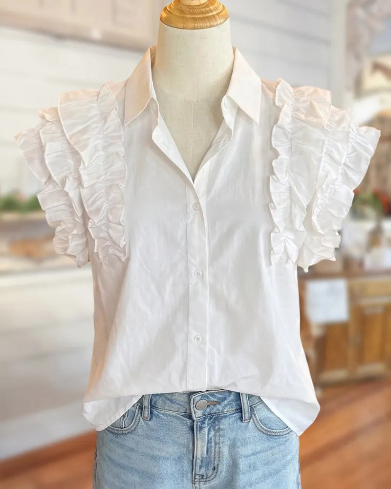 Collared Button Front Ruffled Sleeve Lightweight Casual Everyday Blouse