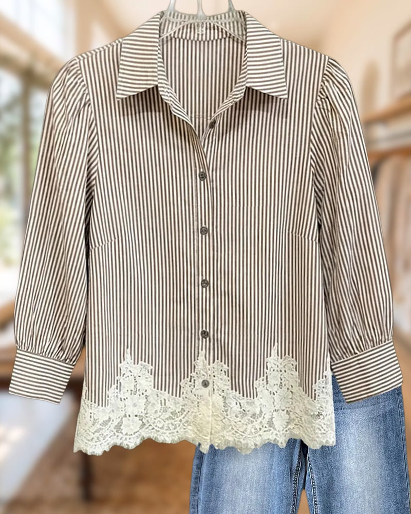 Striped Collared Button Up 3/4 Sleeve Lace Trim Shirt