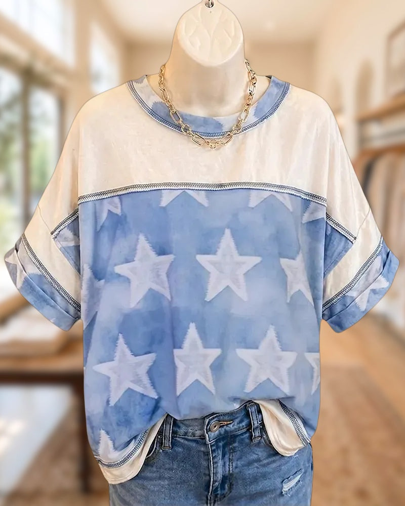 Star Print Contrast Stitch Loose Crew Neck Short Sleeve T-shirt