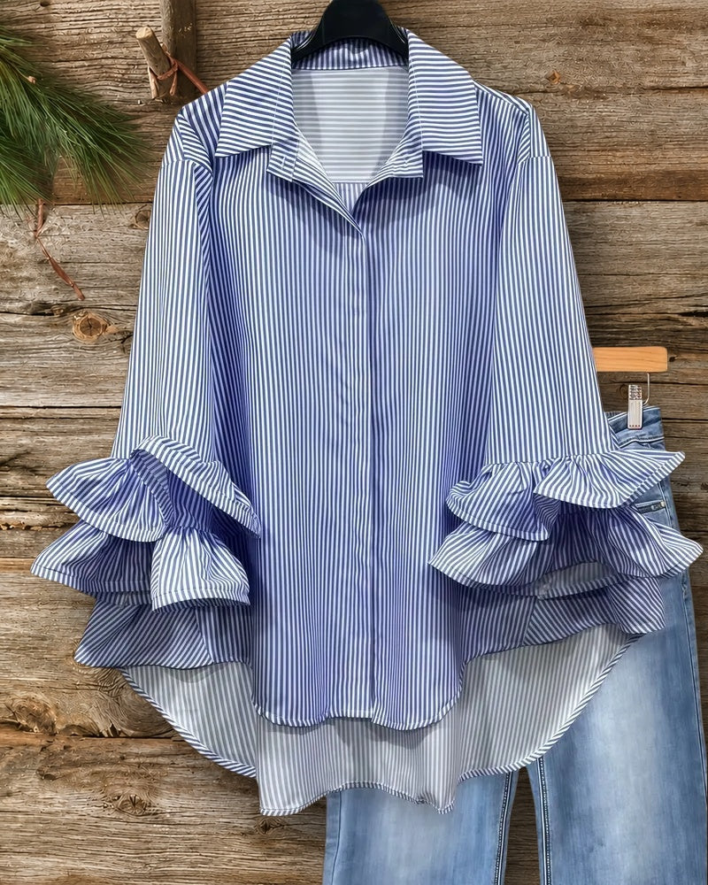 Striped Ruffle Sleeve Button Down On-trend Blouse
