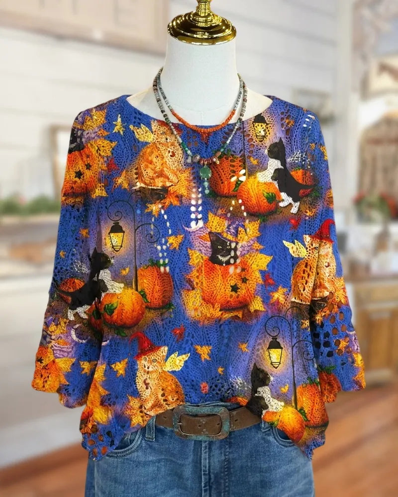 Crocheted Halloween Print 3/4 Sleeve Sweater