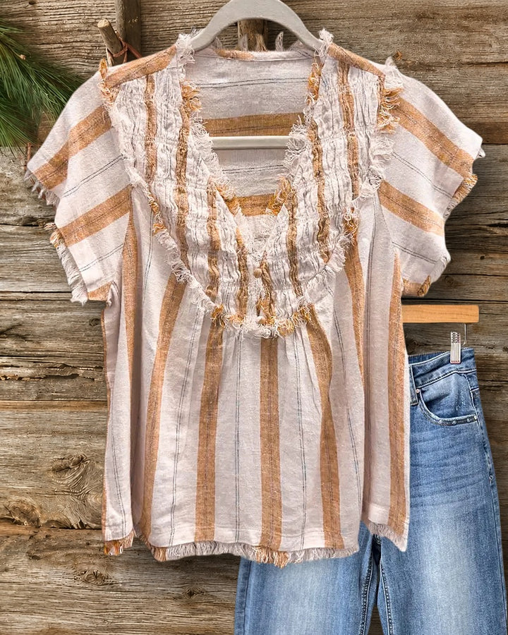 Striped Frayed Trim V Neck Smocked Chest Cozy Blouse
